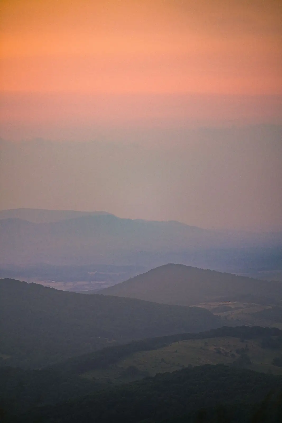 Foggy valley among the Blue Ridge Mountains at sunset